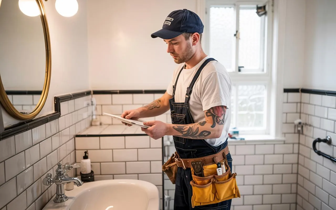 Tiler working in a bathroom