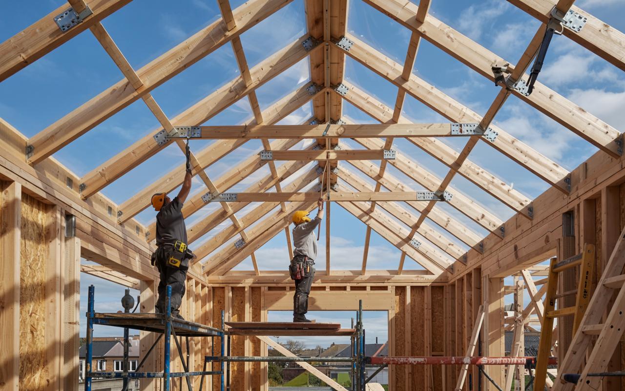 Carpenters working on roof trusses