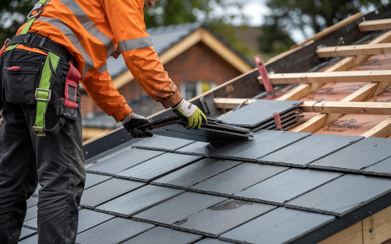 Roofer working on roof tiles