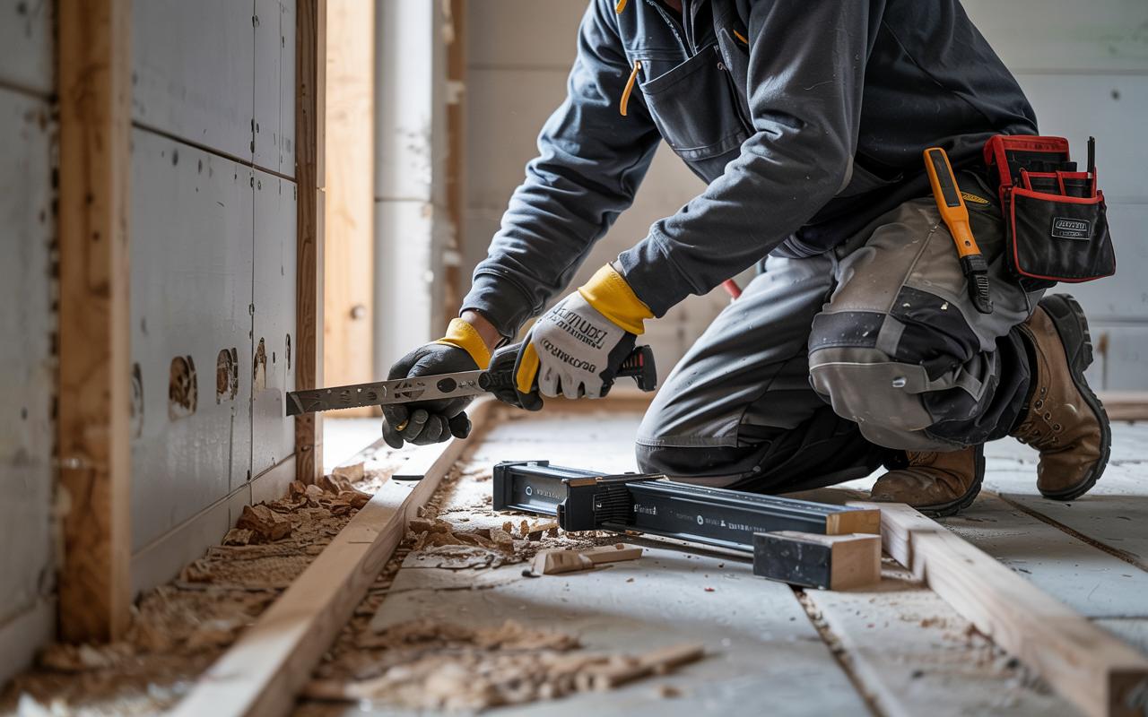 Carpenter fitting skirting boards on a house renovation