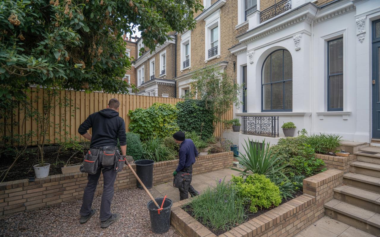 Two professional landscapers work on a front garden renovation for a classic London townhouse. This image showcases urban gardening with newly installed raised brick planters and a modern wooden fence, highlighting a home improvement project in progress.