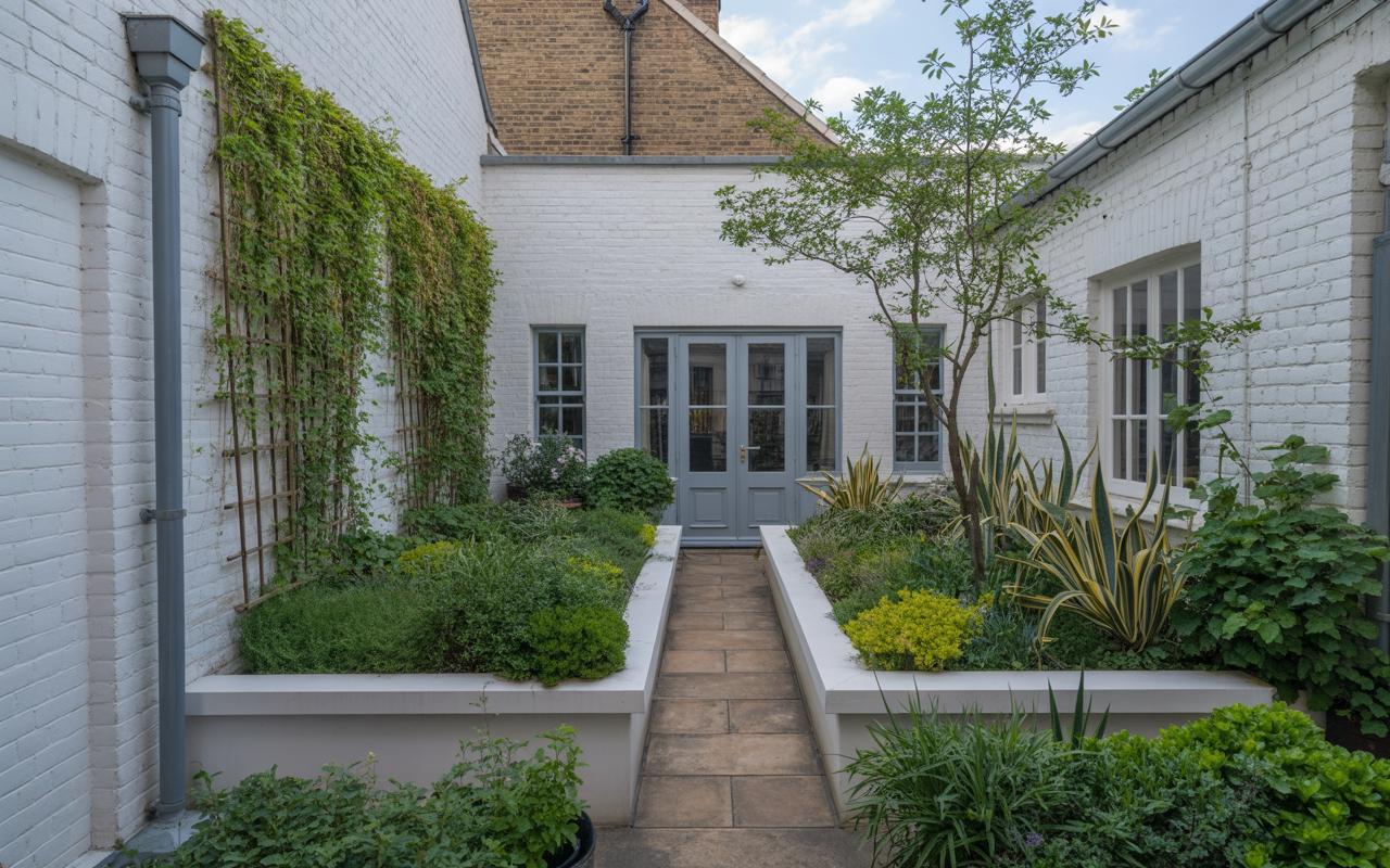 A serene and beautifully designed courtyard garden with white painted brick walls and lush green plants in raised planters. 