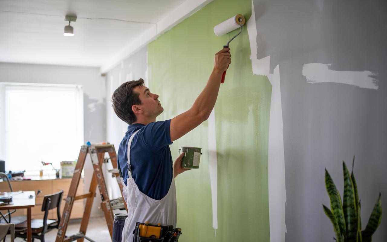 Decorator working on a feature wall of a London flat