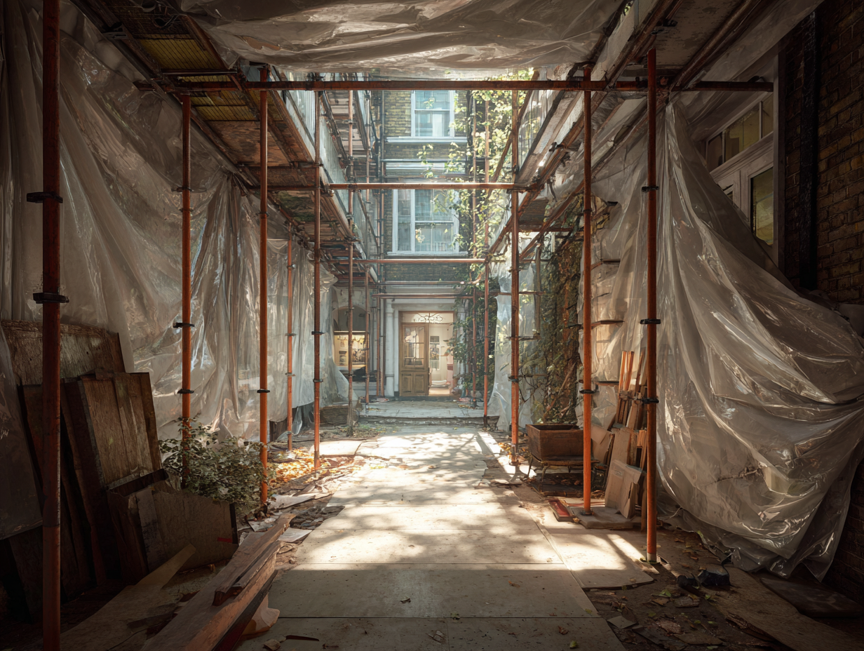 Scaffolding and sheets protecting some basement works