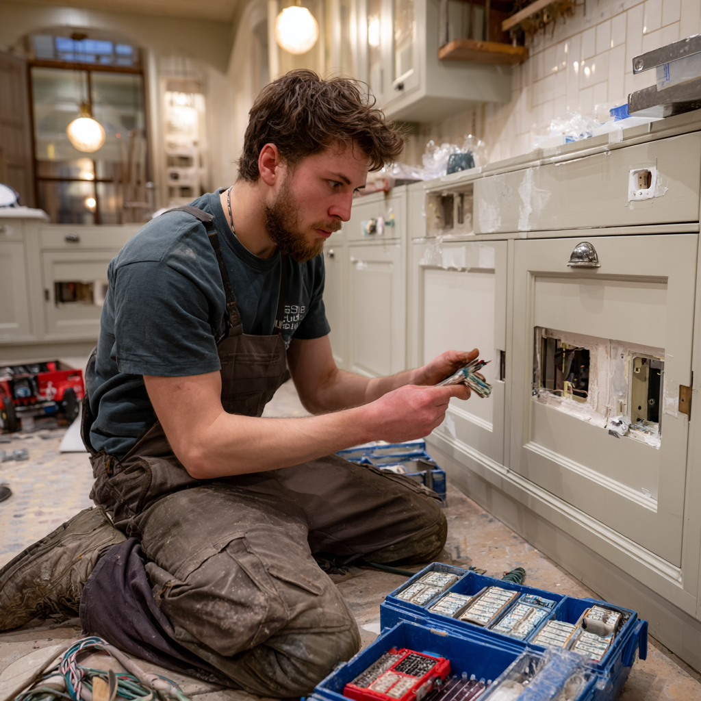 Electrician working on some sockets in a renovated kitchen