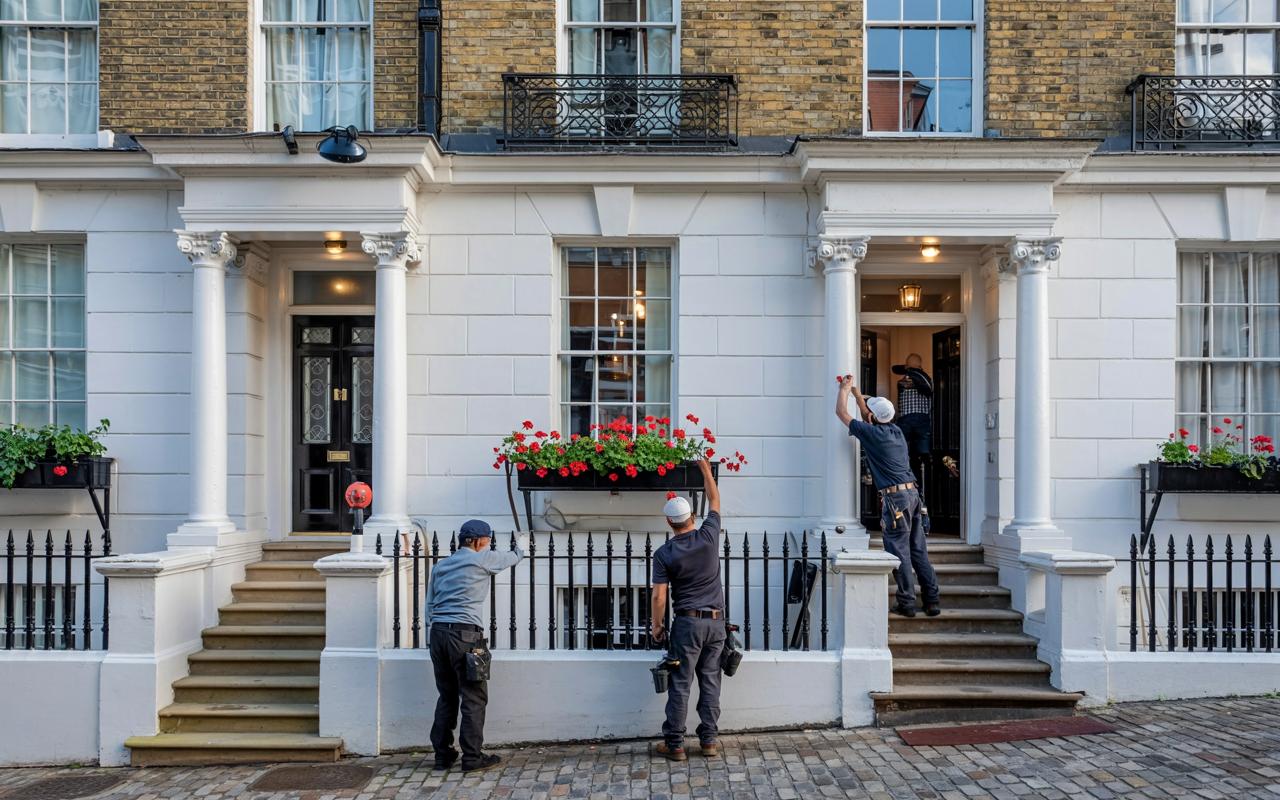 A team of workmen putting the finishing touches on a house in London