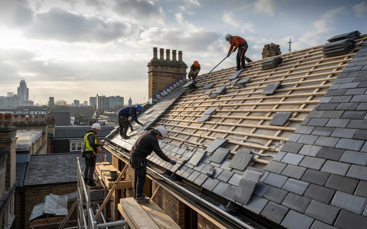 Roofers fitting ew roofing tiles on a London townhouse on a cloudy day in London.
