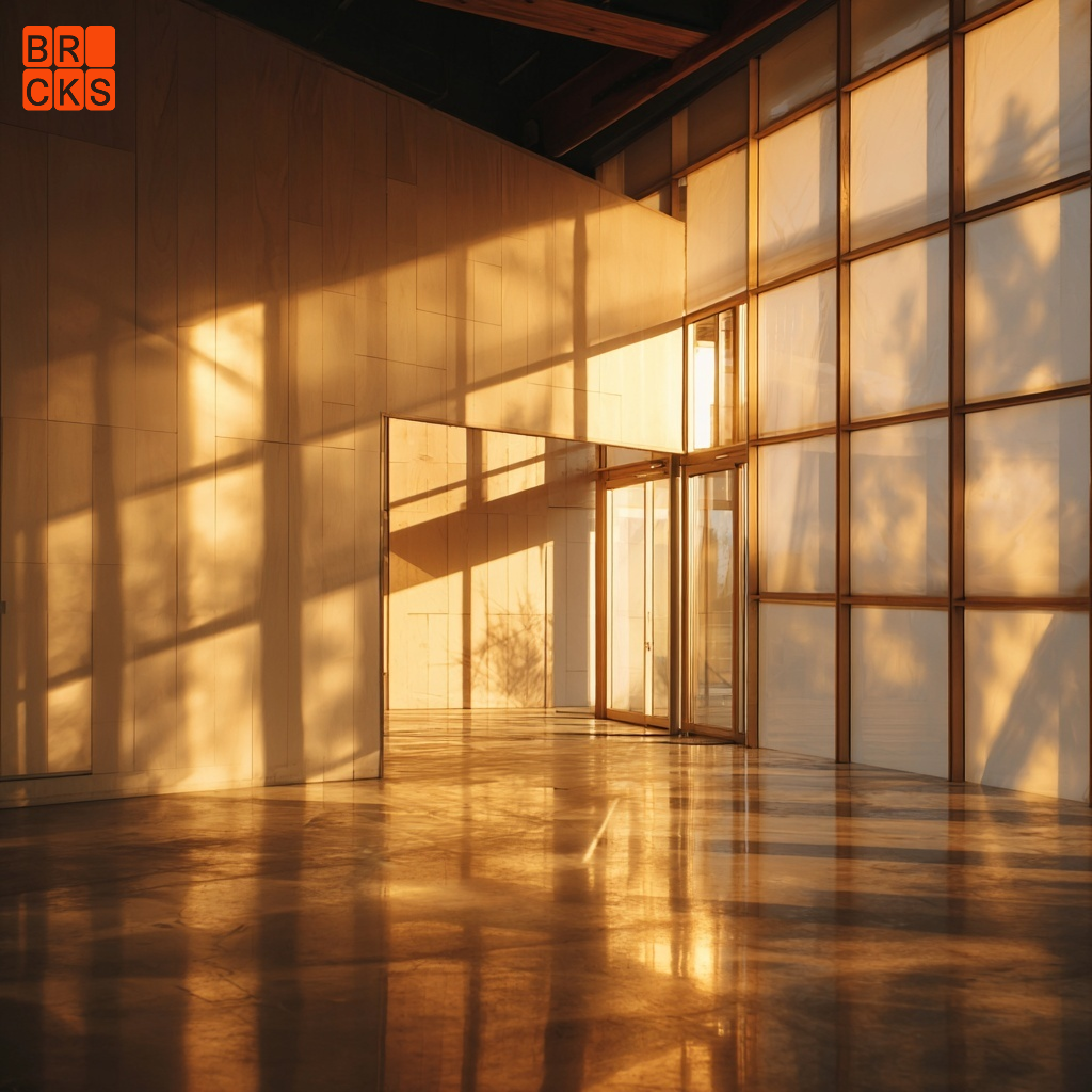 The light shining through a glass building and onto the beautiful floor