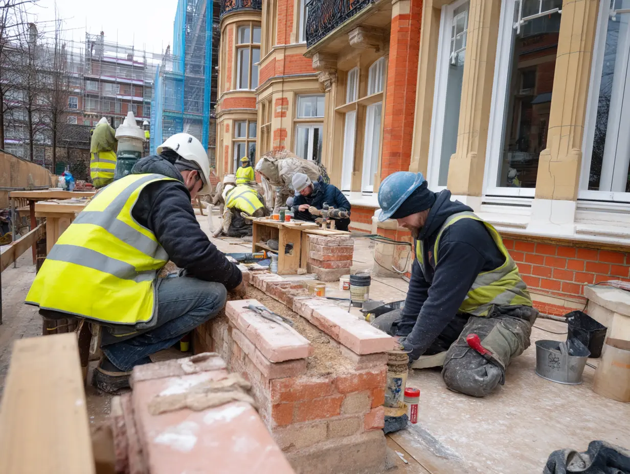 A new brick wall being constructed for a townhouse in London