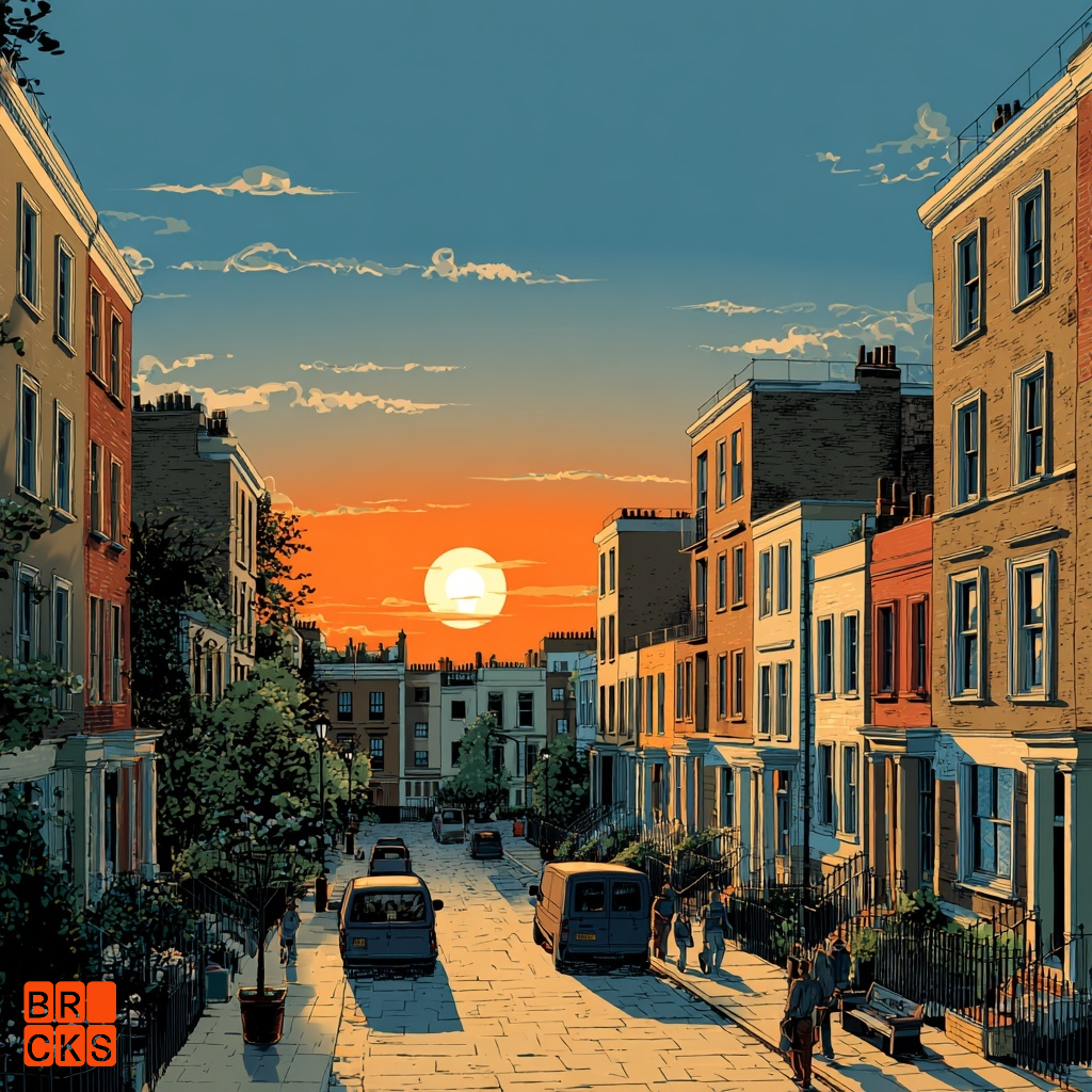 Illustration of the sun setting at the end of a beautiful street in London