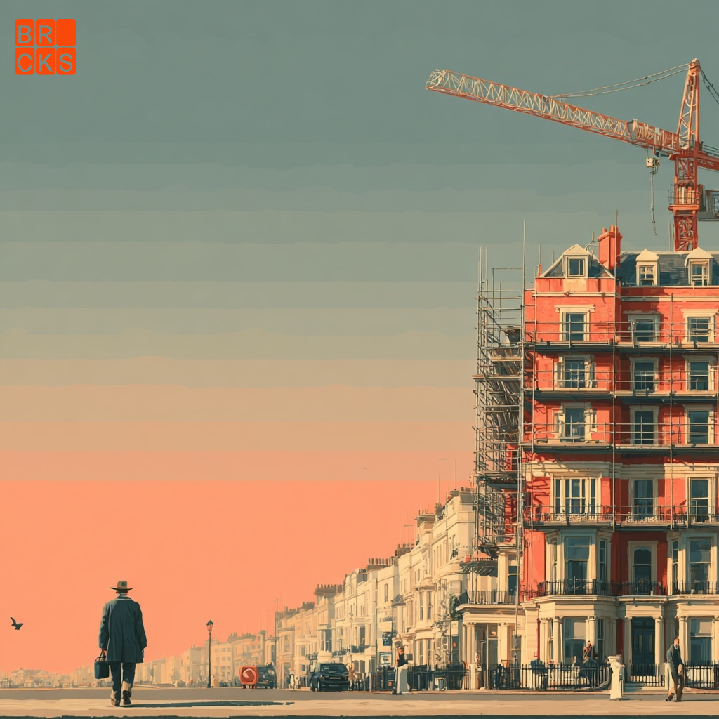 A man in a suite walking towards a construction site. Illustration