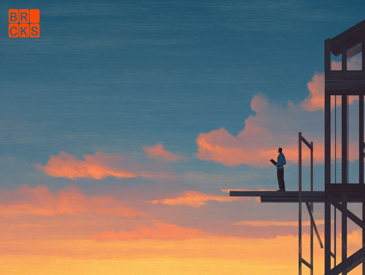 Illustration showing a man standing on a scaffolding plank