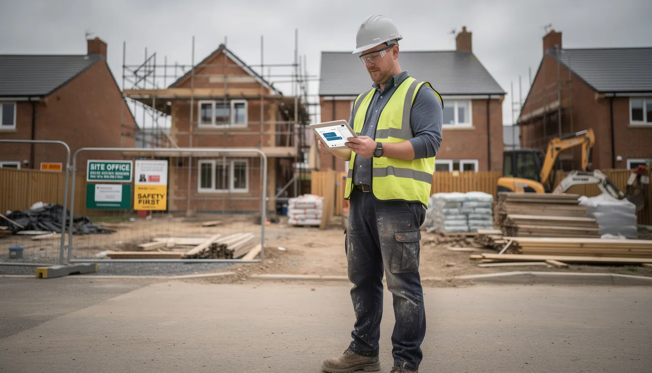 A construction project manager is seen reviewing digital communication tools on a tablet at a UK residential building site, emphasizing the importance of effective communication in managing construction projects. The scene highlights the use of project management software to improve communication among construction teams and reduce potential misunderstandings, ultimately aiding in timely resource allocation and risk management.