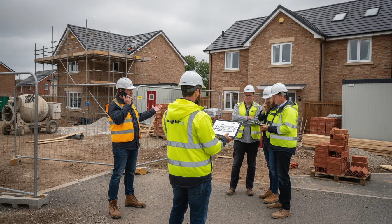 A group of construction professionals on a UK residential building site are using mobile devices and tablets to enhance project communication and manage construction projects effectively. This modern approach to construction communication helps reduce misunderstandings and improve collaboration among project teams, ensuring timely progress and compliance with industry regulations.