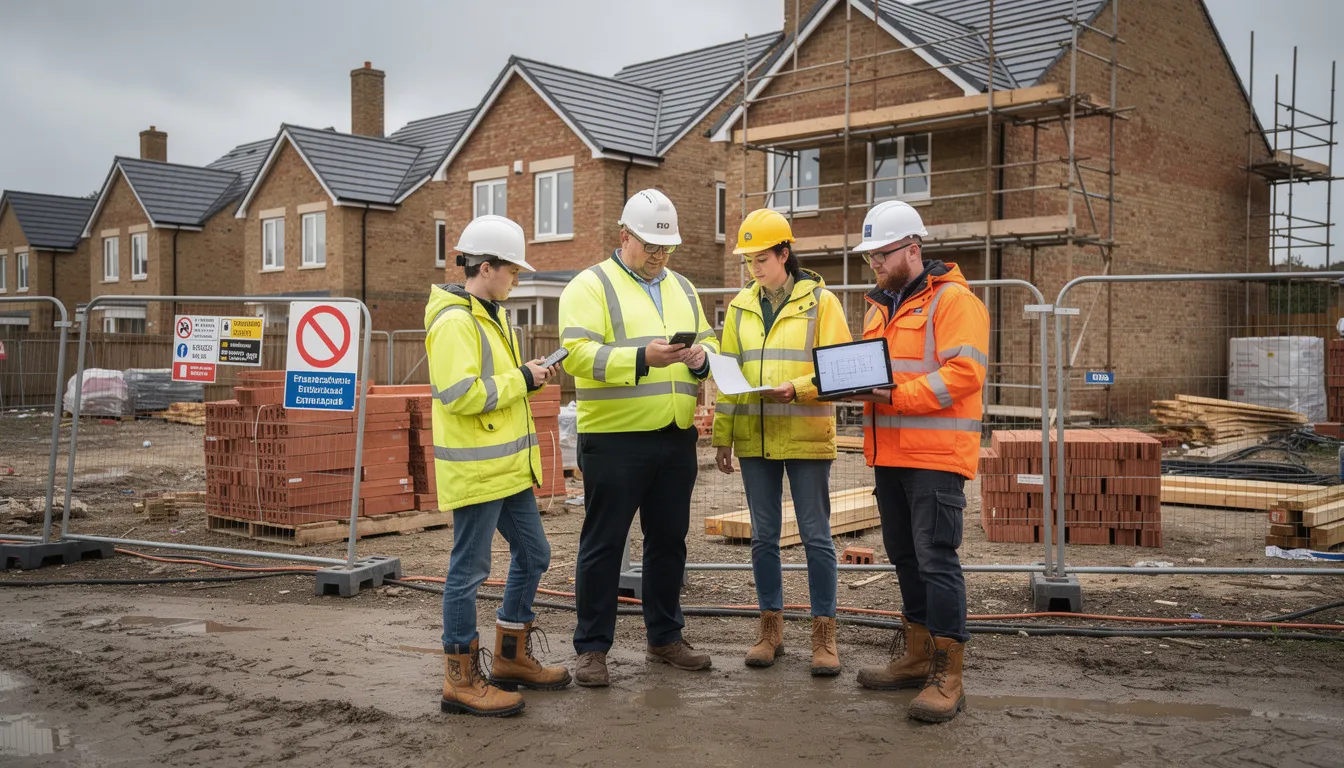 A UK construction team is gathered on a residential building site, using mobile devices to review project information and enhance communication among project managers and construction professionals. This collaborative effort aims to improve project management and reduce communication barriers, ensuring effective resource allocation and timely completion of construction projects.