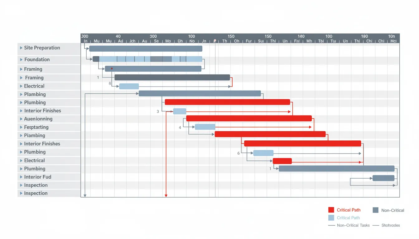 The image depicts a detailed construction timeline chart, illustrating task dependencies and critical paths essential for effective project planning in construction projects. This visual representation aids project managers and construction professionals in tracking progress, improving construction workflows, and ensuring timely project delivery.