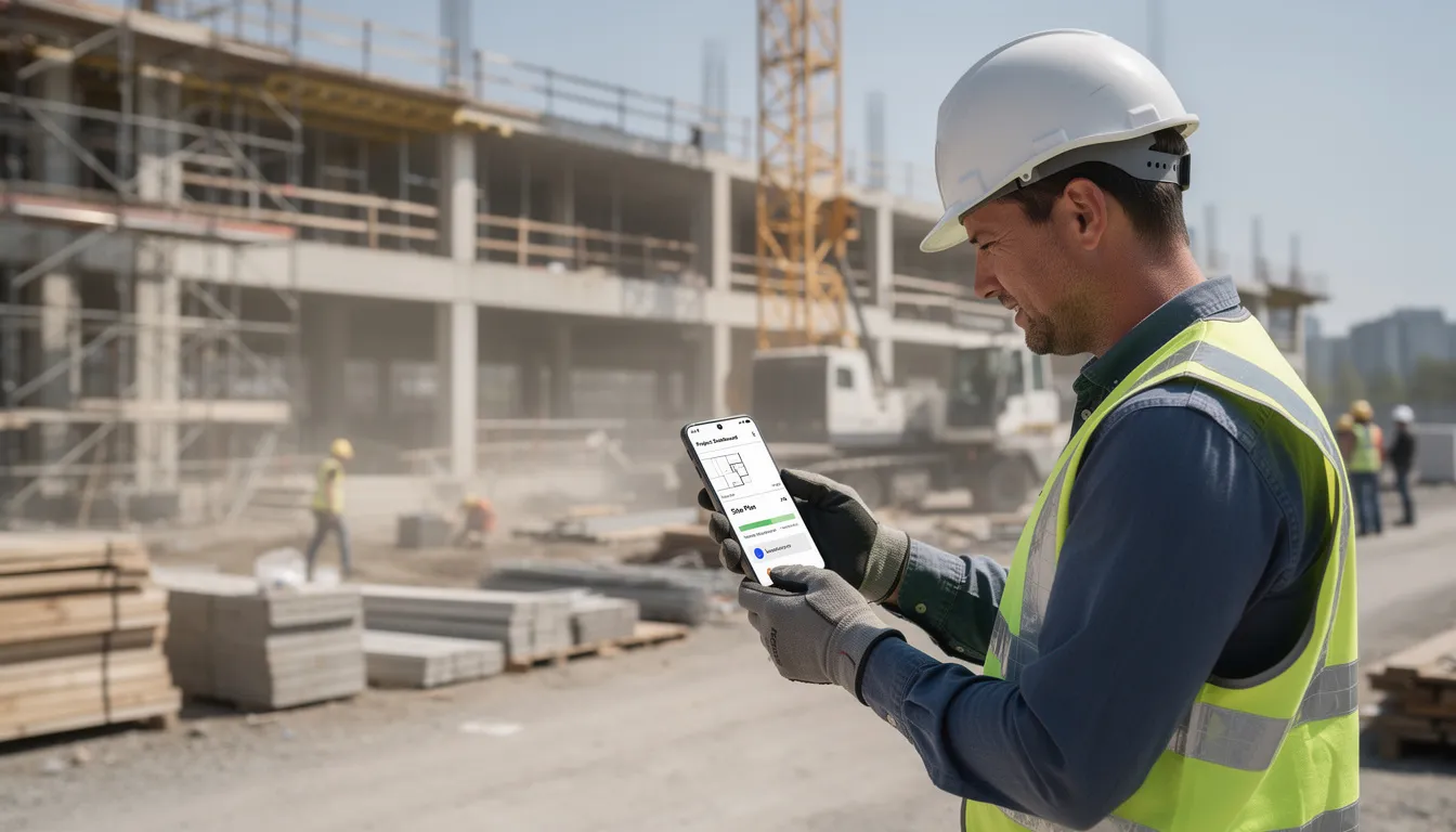 A construction worker on a building site is using a mobile device to access project information, enhancing project management and improving construction workflows. This use of mobile technology allows for real-time data access, facilitating better resource management and project execution.