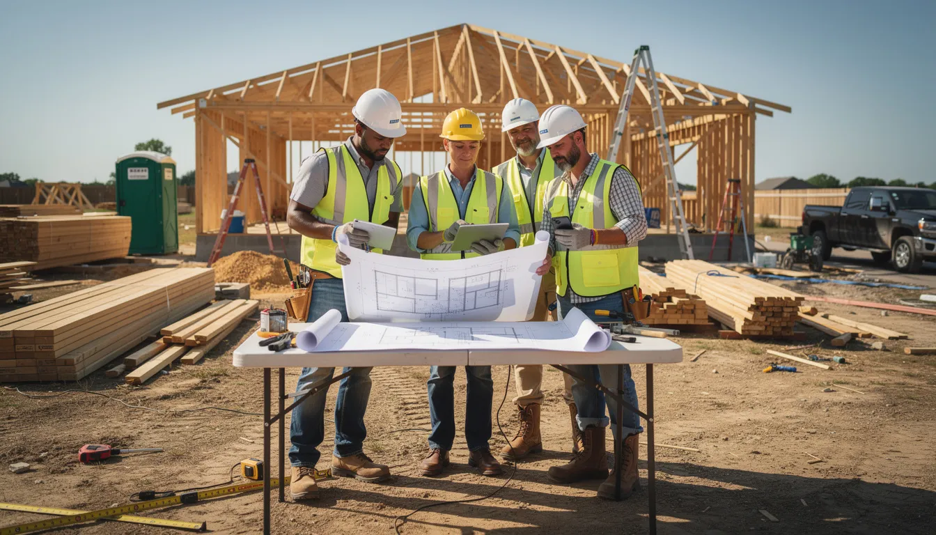 A group of construction professionals collaborates on a residential building site, utilizing mobile devices and plans to enhance project management and streamline construction workflows. They are focused on improving project efficiency and ensuring successful project delivery through real-time data and effective communication.