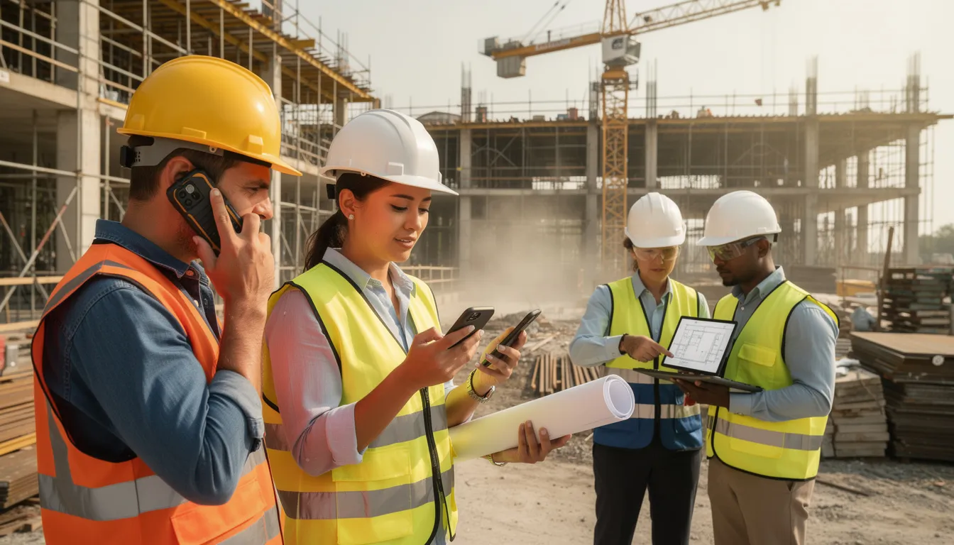 A construction team is actively communicating on a busy building site using mobile devices, enhancing project management and improving construction workflows. The scene highlights construction professionals collaborating in real time to track progress and streamline communication, ensuring efficient project execution.
