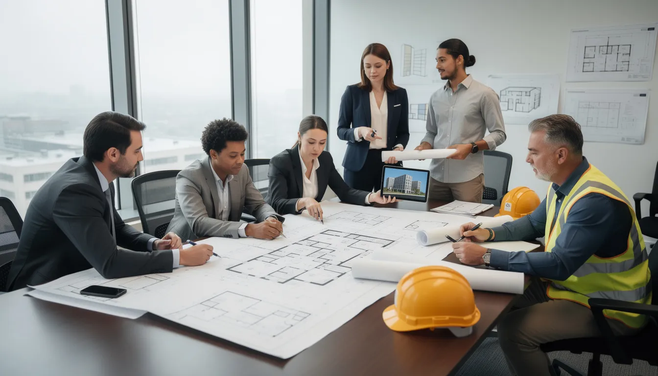 A group of architects and builders collaborate in a design meeting, reviewing construction plans and discussing project details to improve construction workflows and ensure project success. Their focus on project management tools and real-time data highlights the importance of effective communication and resource management in the construction industry.