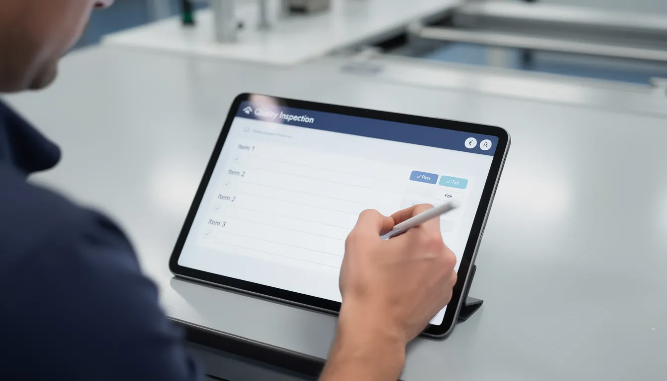 A close-up view of a quality inspection checklist being filled out on a tablet device, highlighting the use of digital tools in construction project management. This image emphasizes the importance of real-time data and streamlined processes for improving construction workflows and ensuring project success.