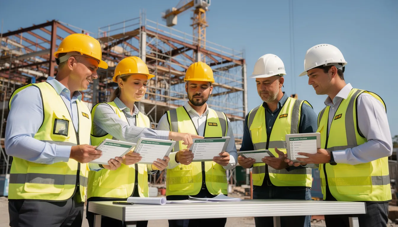 A construction team, wearing hard hats, is gathered on a construction site, actively reviewing standardized checklists on their tablets. They are utilizing project management tools to enhance construction workflows and ensure project efficiency, while tracking progress and maintaining safety compliance.