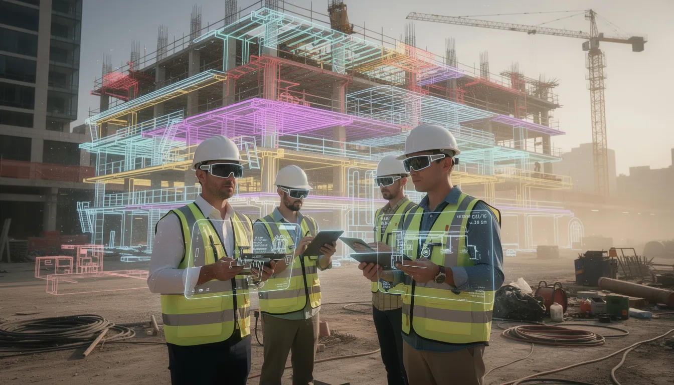 A group of construction professionals is using augmented reality tools on a construction site to visualize project plans, enhancing project management and improving construction workflows. The use of these digital tools allows for real-time data access and better coordination among project managers and teams, streamlining communication and resource management.