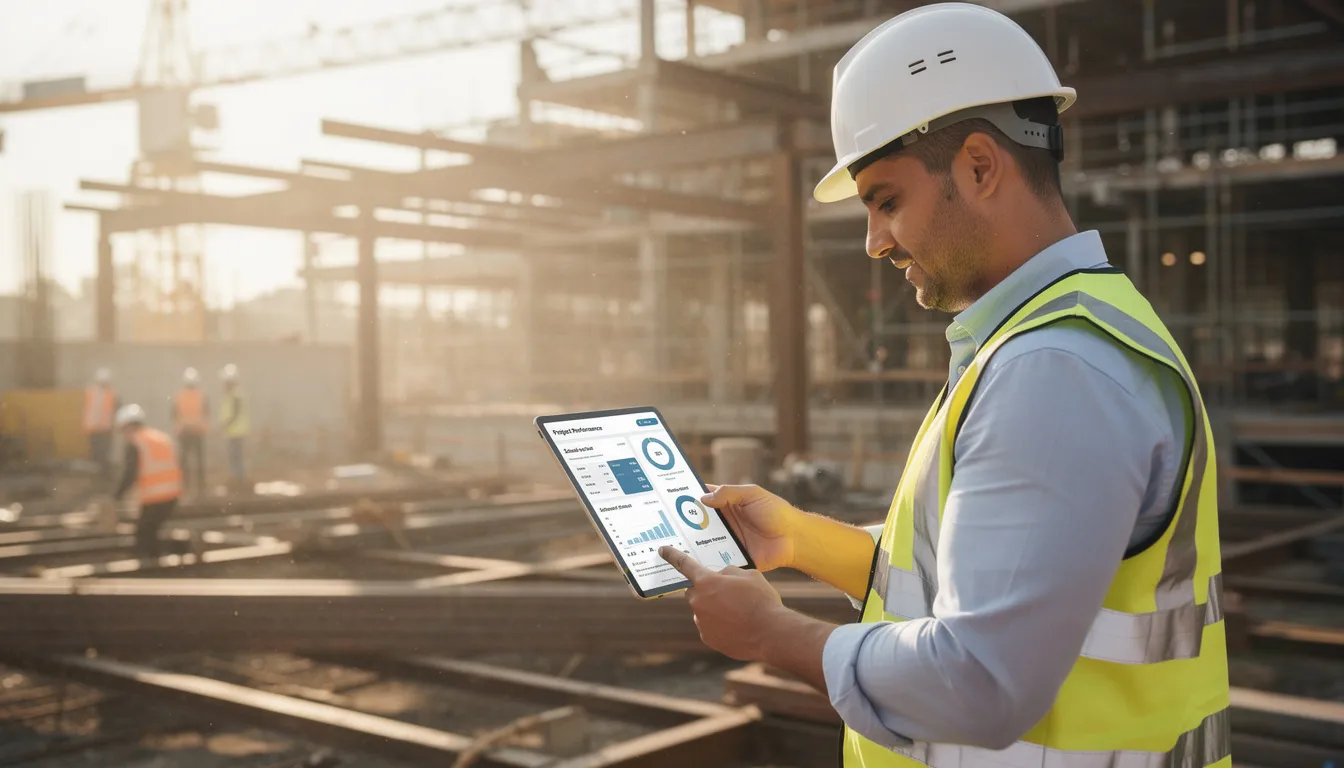 A construction site manager is intently reviewing project performance metrics on a tablet dashboard, utilizing project management tools to track progress and ensure efficient resource allocation. This scene highlights the importance of construction workflow management in improving project outcomes and delivering successful construction projects.