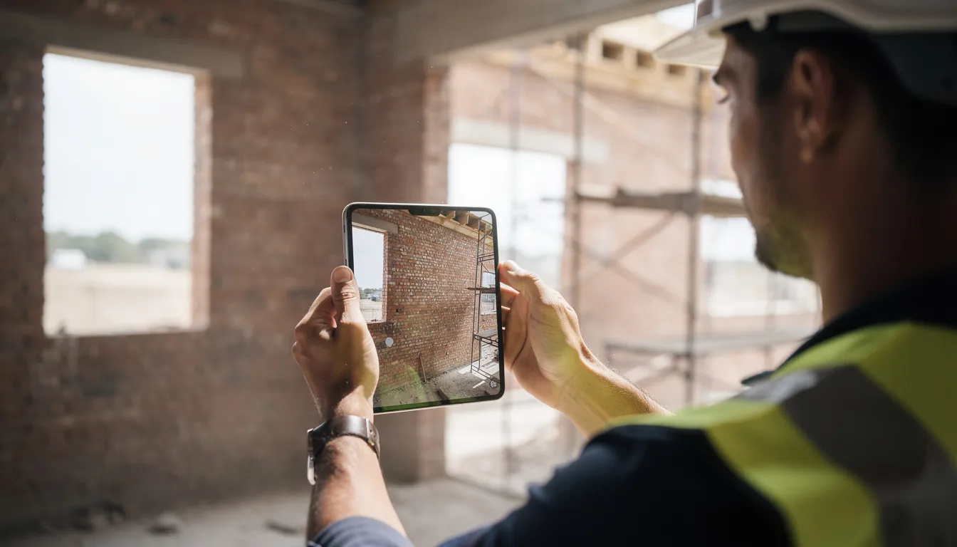 A person is using a smartphone to photograph the construction progress at a job site, focusing on the exposed brickwork. This image captures the essence of project management in construction, highlighting the importance of tracking progress and documenting project details for effective collaboration among construction teams.