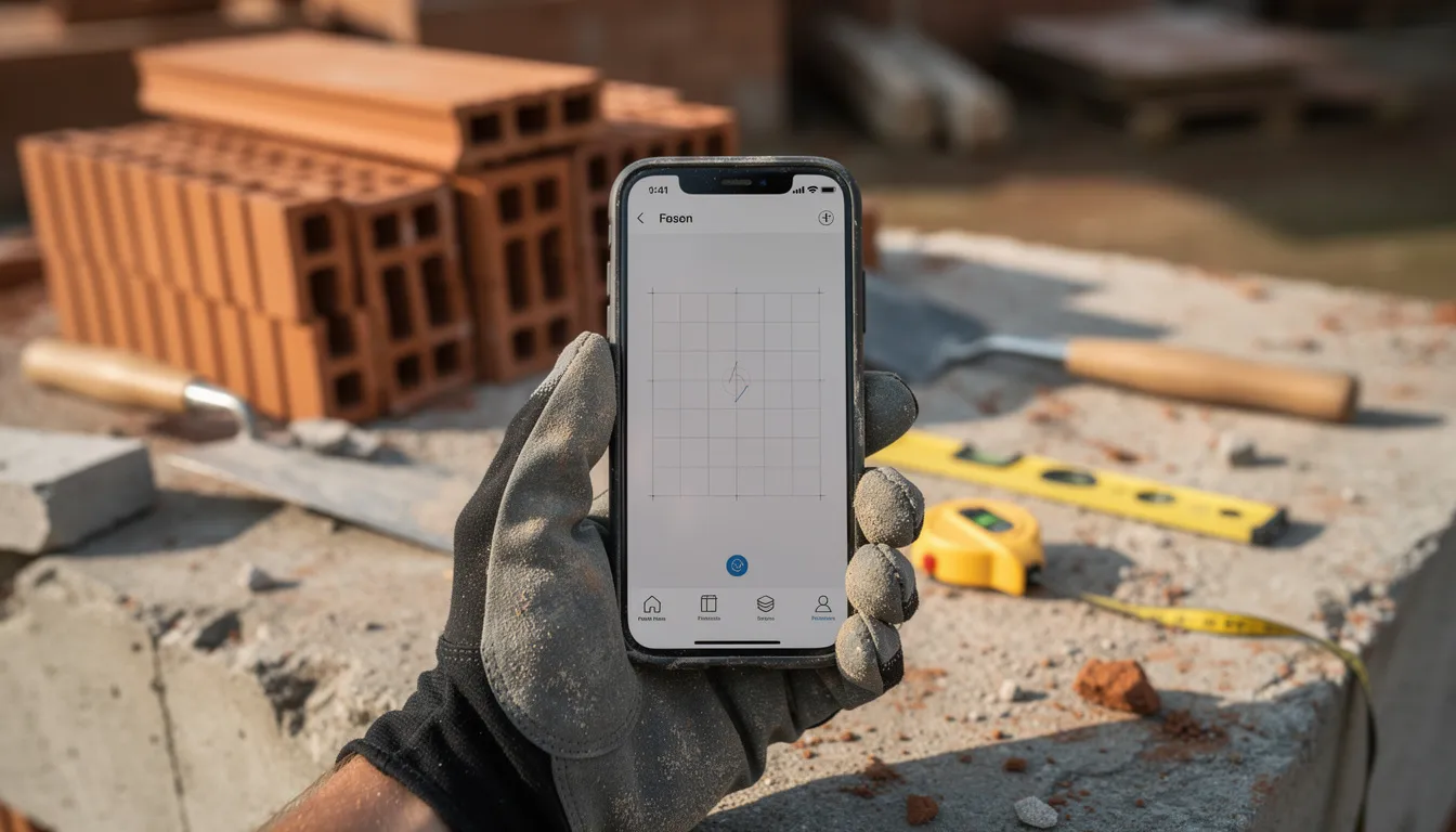 A person is using a smartphone outdoors on a construction site, surrounded by bricks and various construction tools, highlighting the integration of project management software for tracking progress and managing tasks in real time. This scene emphasizes the importance of mobile access to project data for construction teams to collaborate effectively on complex projects.