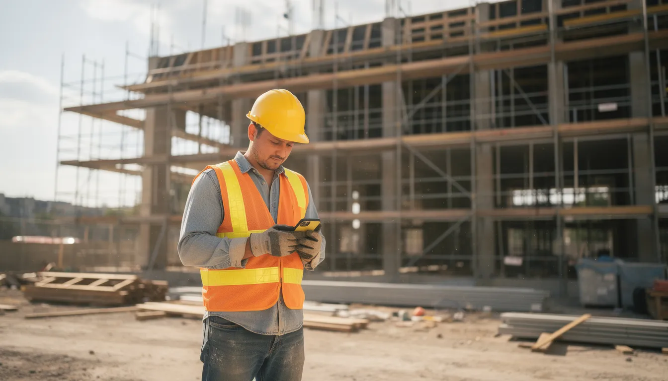 A construction worker stands on a job site, focused on his smartphone, with scaffolding visible in the background. This scene highlights the use of project management software, enabling construction teams to track progress and manage tasks effectively on complex projects.