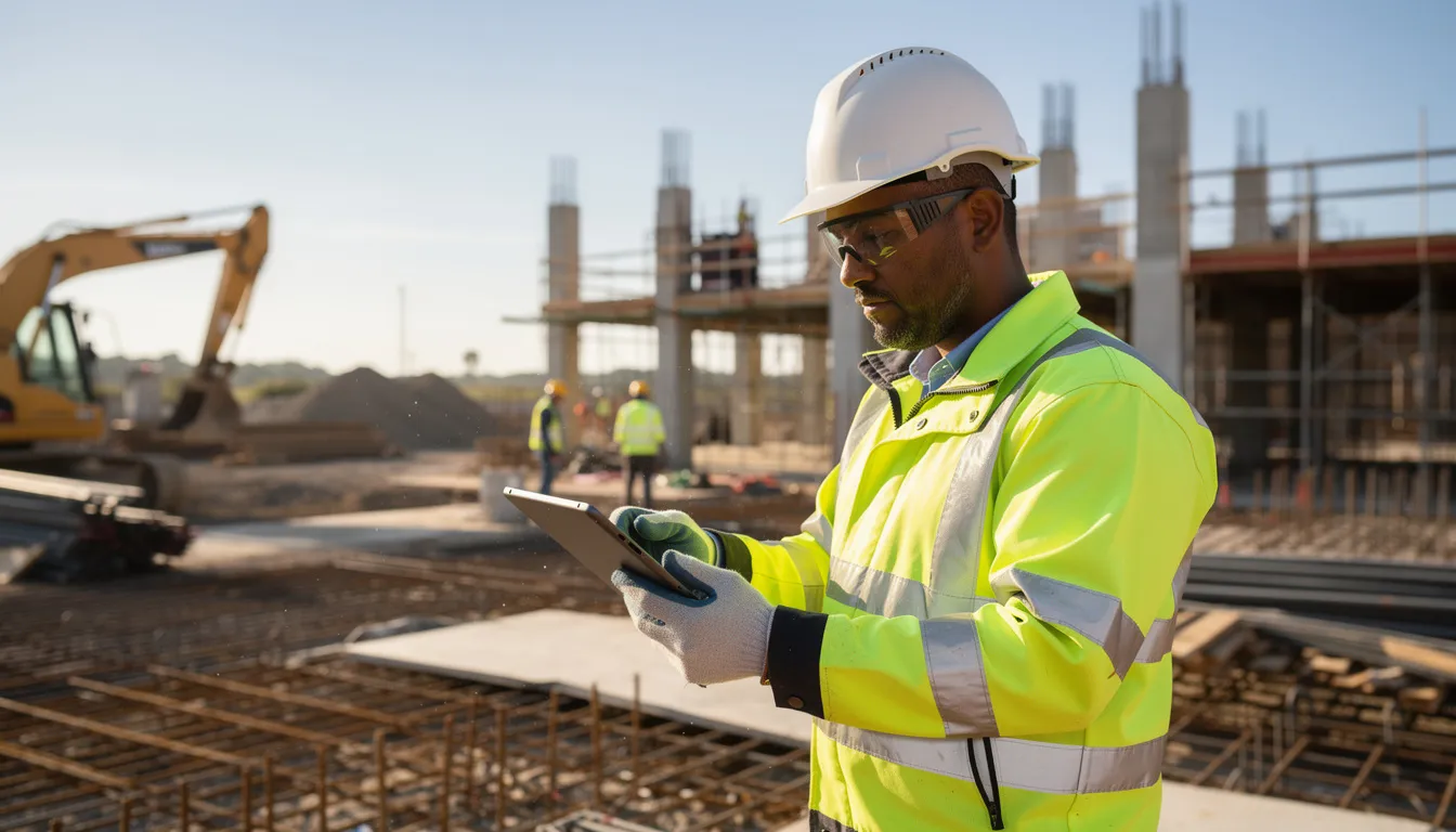 A construction worker wearing a high-visibility jacket is using a tablet on a building site to track progress and document daily activities. This scene highlights the integration of technology in the construction industry, enabling construction professionals to create daily reports and manage project details in real time.