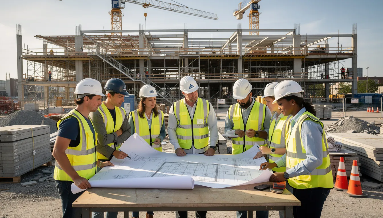 A group of construction professionals in high-visibility vests is gathered at a construction site, collaboratively reviewing plans and discussing the day's activities. This scene highlights the importance of teamwork in the construction industry, where project managers and field workers track progress and manage tasks effectively.