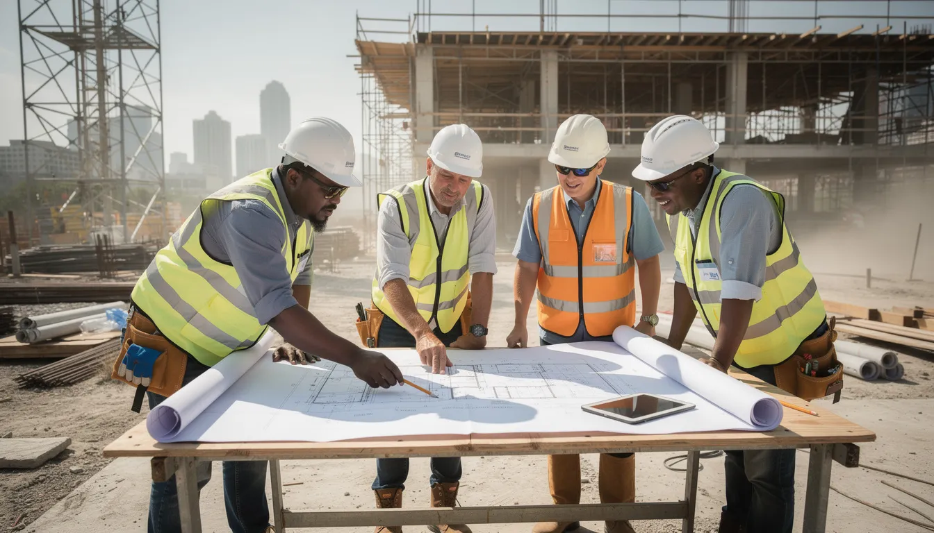 A team of construction workers is gathered around a table, discussing architectural plans and project documents, emphasizing the importance of effective rfi management in their construction project. They are collaborating to ensure that all project stakeholders are aligned, helping to streamline the rfi process and avoid potential project delays.