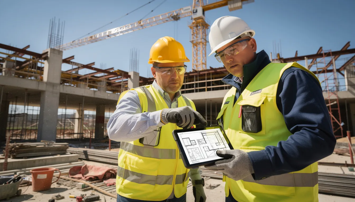 A group of construction workers is gathered at a building site, reviewing project documents on a tablet to streamline the RFI management process. They are collaborating to ensure project visibility and timely responses, which helps in managing construction RFIs effectively.