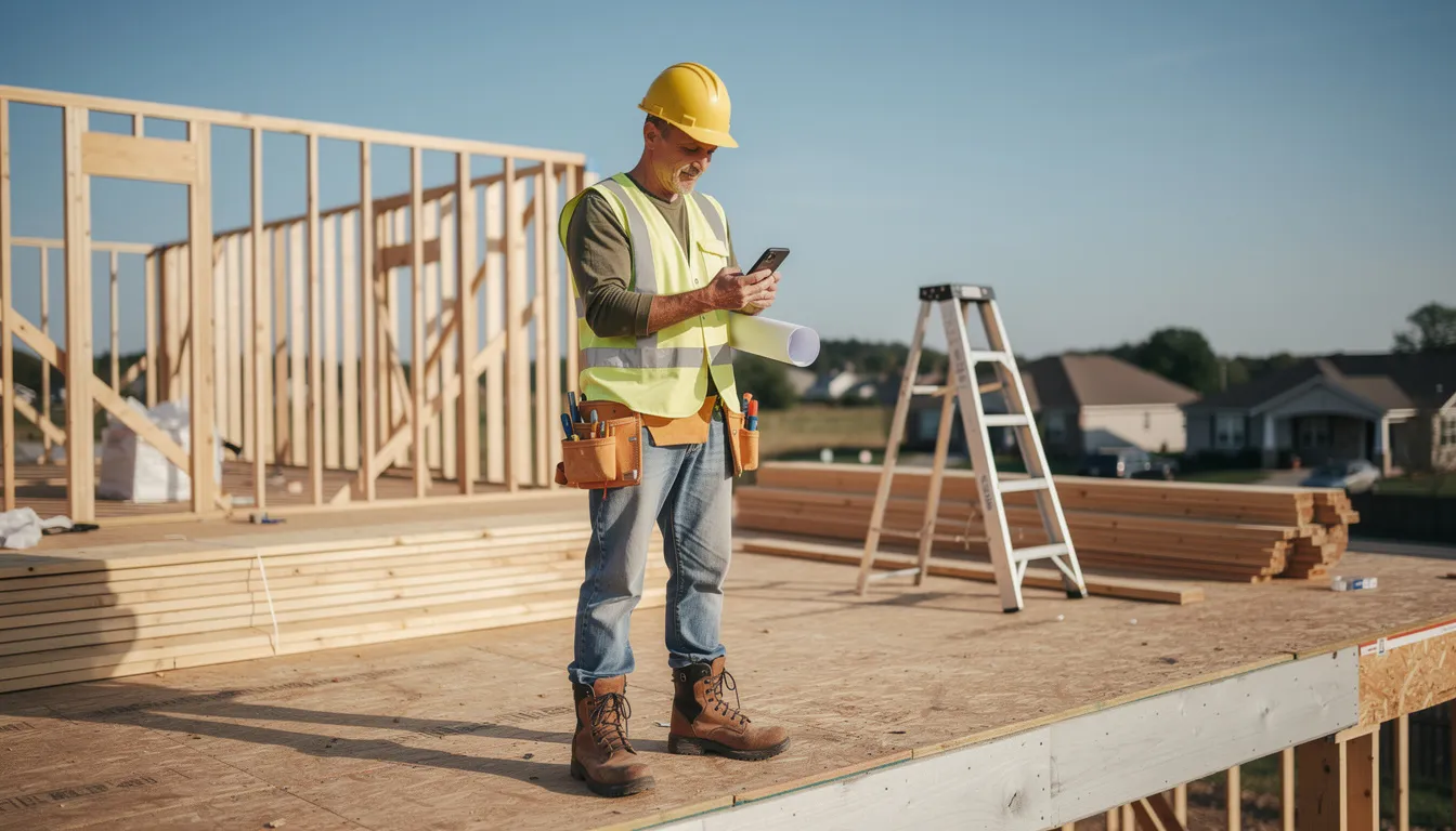 A builder is seen using a smartphone on a residential construction site, likely managing RFIs (Requests for Information) through construction RFI management software to enhance communication and streamline the RFI process among project stakeholders. The scene highlights the importance of mobile access to project data for effective construction management and reducing project delays.