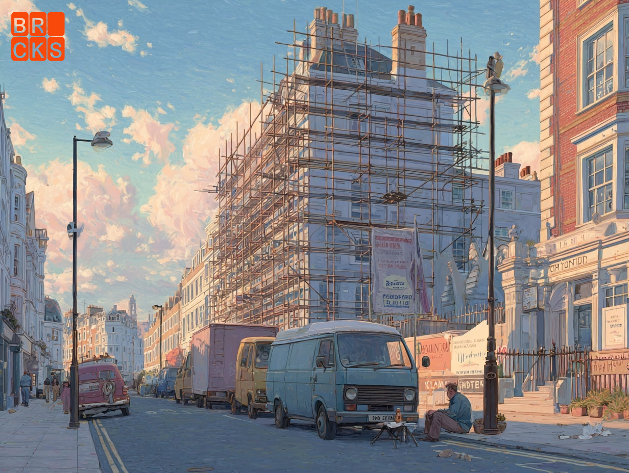 Illustration of a van outside a building site in London