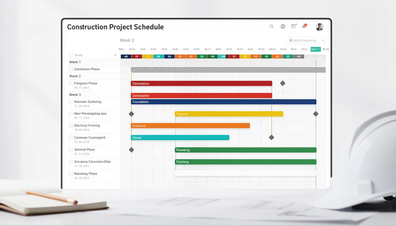 The image depicts a calendar view showcasing a construction project schedule, featuring colour-coded tasks that represent various project tasks and their statuses. This visual aids project managers and construction teams in organizing tasks, tracking progress, and ensuring efficient management of multiple projects using construction project management software.
