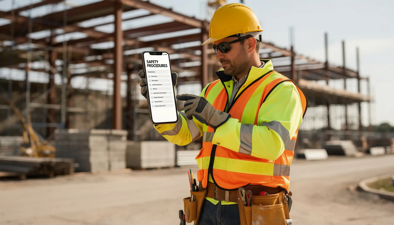 A construction worker is seen reviewing safety documents on a mobile device while on the job site, ensuring compliance with safety standards for ongoing construction projects. This use of construction management software allows for efficient document sharing and task management, helping the project manager track progress and prioritize tasks effectively.