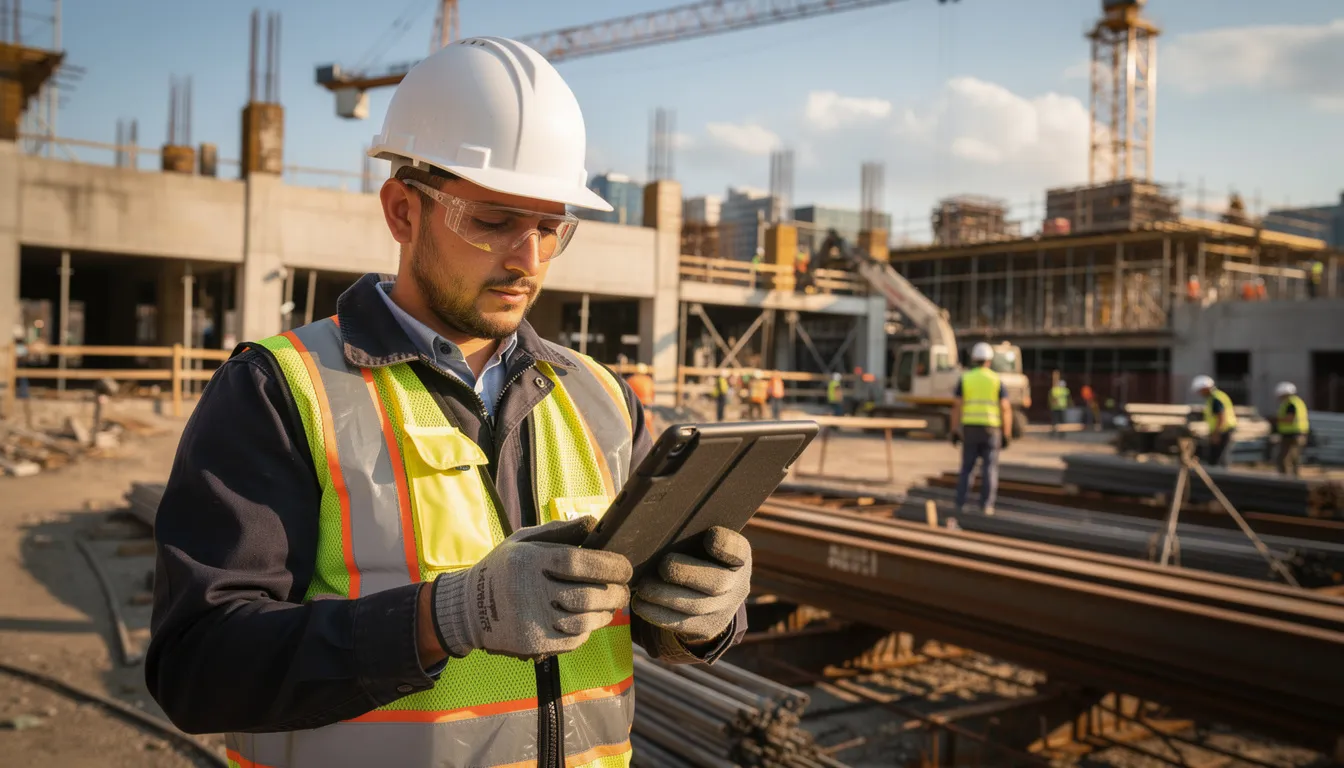 A construction site supervisor is reviewing project tasks on a tablet, utilizing construction project management software to monitor task progress and coordinate with construction teams. The scene highlights the use of digital tools for efficient project management on site.