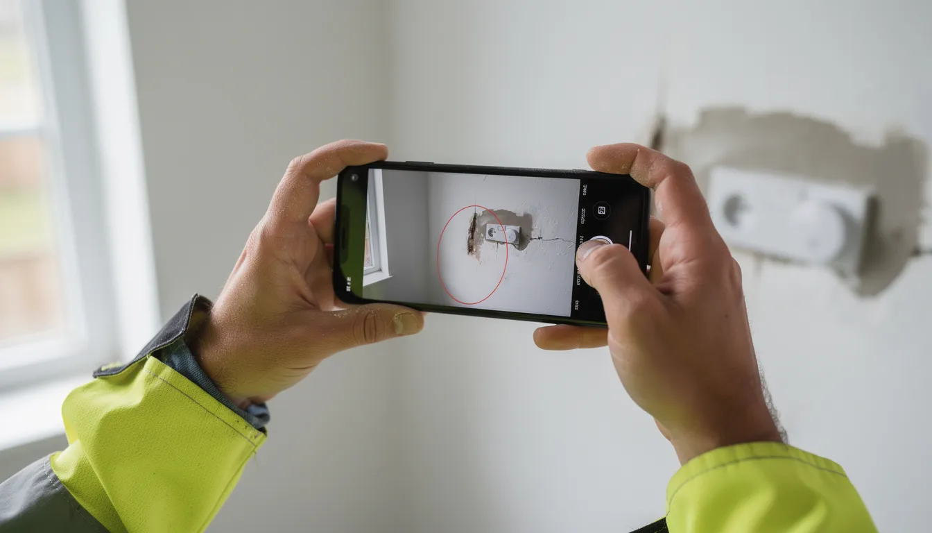 A close-up image shows a builder's hands holding a mobile device, capturing a photo of a snagging issue on a wall, highlighting the importance of defect management and quality control in the construction process. This action is part of the snagging process, where the builder documents minor defects for the snag list app to ensure all snag items are tracked and managed efficiently before project handover.