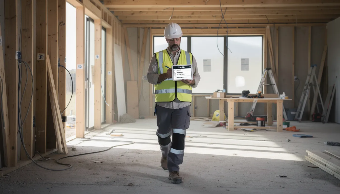 A site manager is using a tablet to log snag items while walking through an unfinished house, utilizing snagging software to monitor progress and track defects. This construction project involves identifying minor defects and managing the snagging process efficiently for a successful project handover.