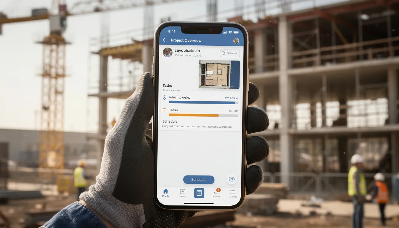 The image shows a smartphone displaying a project management software app designed for construction projects, set against the backdrop of a building site. This digital tool enhances communication and ensures project managers can provide real-time updates, fostering clear communication among construction teams and clients to improve project outcomes and manage client expectations effectively.