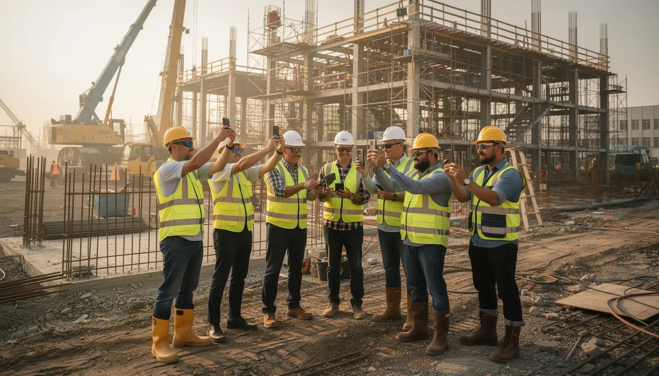 The image depicts construction workers actively taking photos of ongoing building work with their smartphones, emphasizing the importance of effective communication in construction projects. This practice enhances project management by allowing teams to document progress and address potential issues in real time, ultimately improving client satisfaction and project outcomes.