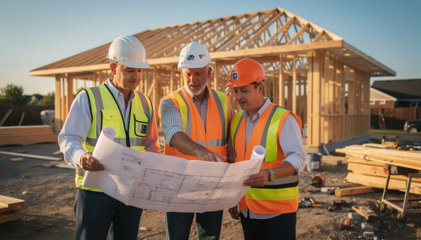 The image depicts a group of builders on a residential construction site, gathered around a set of plans, engaging in clear communication to review project details. Their collaboration emphasizes effective communication and mutual understanding, essential for successful project management and meeting client expectations in the construction industry.