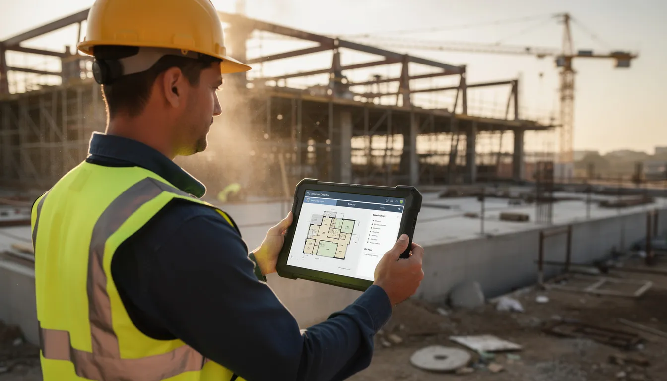 A person is using a tablet on a construction site to review critical project information, facilitating communication among team members and ensuring everyone is on the same page. This use of digital tools enhances project management, leading to better project outcomes and timely completion while minimising potential delays and safety risks.