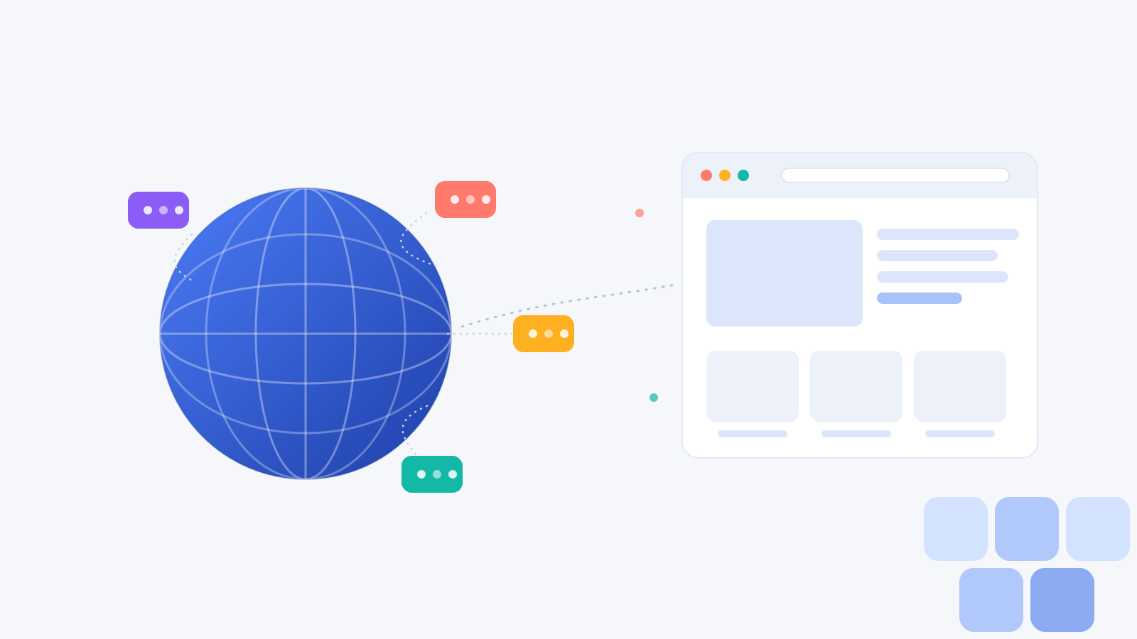 Illustration zu Webflow Localization: Globus mit Sprechblasen, verbunden mit einem Browserfenster