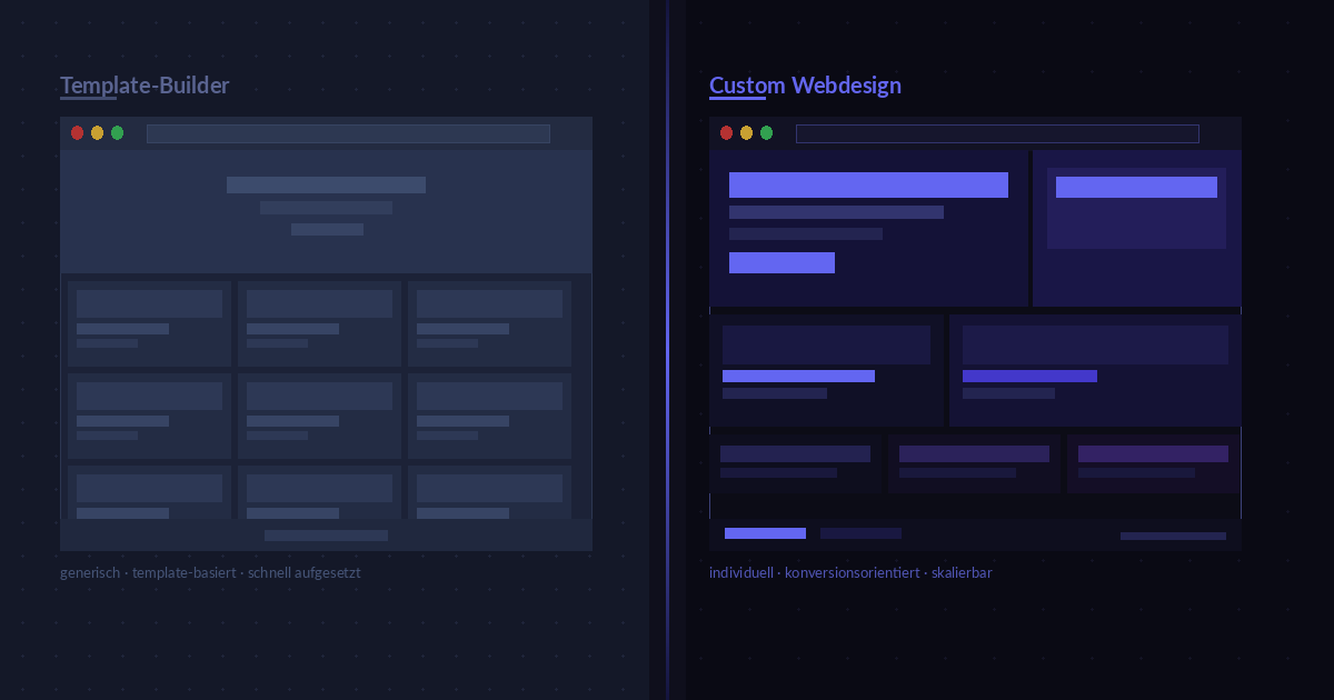 Gegenüberstellung von zwei Website Entwürfen: generischer Template Builder links, individuelles Custom Webdesign rechts