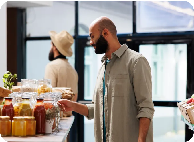 Man browsing store products in a modern grocery store, representing the Grocery industry and highlighting Burq's delivery solutions for seamless shopping experiences.