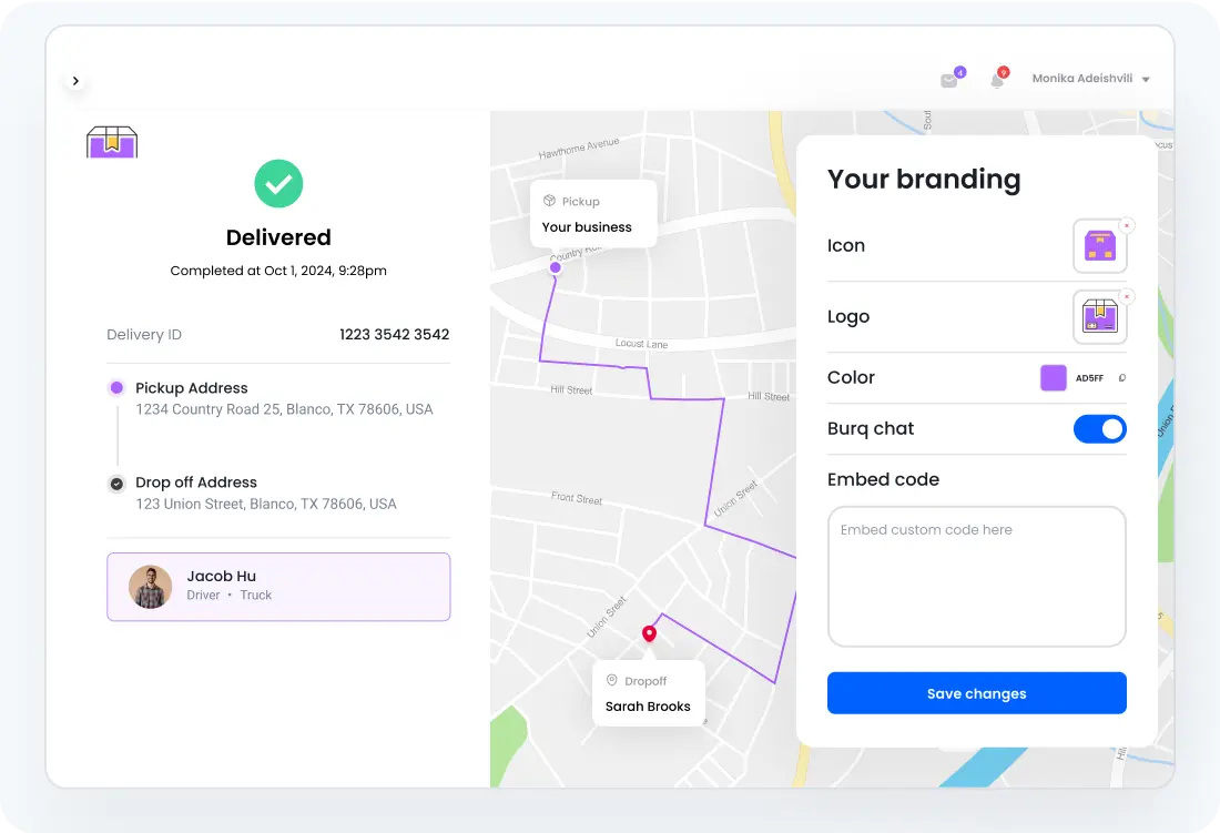 Burq's Brand solution interface showing options for companies to customize the delivery tracking experience by uploading logos, images, and other brand assets.